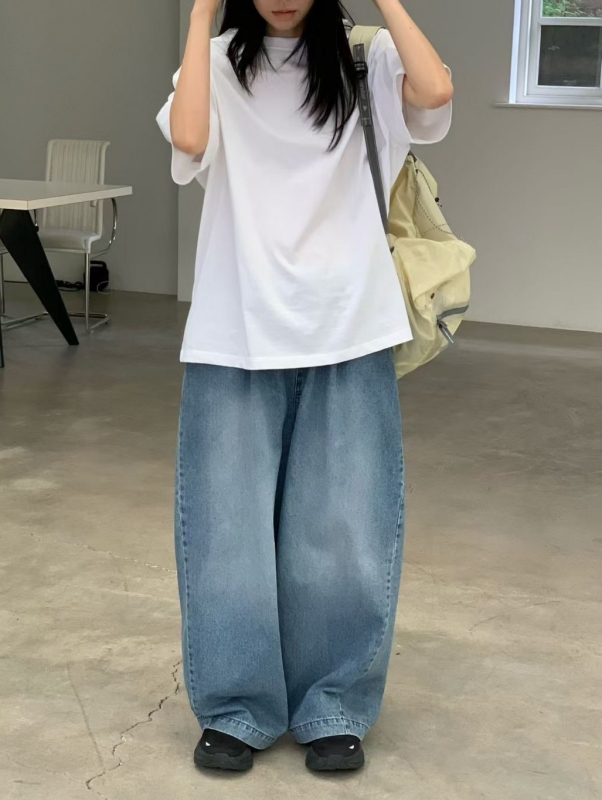 韓 腰鬆緊刷白牛仔寬褲