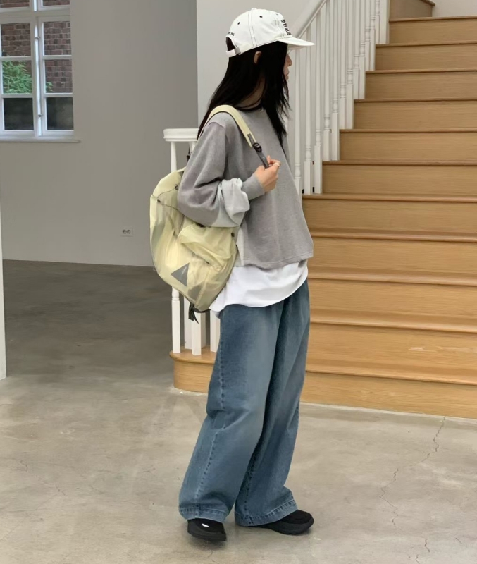 韓 腰鬆緊刷白牛仔寬褲