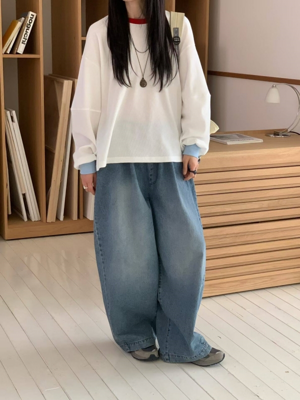 韓 腰鬆緊刷白牛仔寬褲