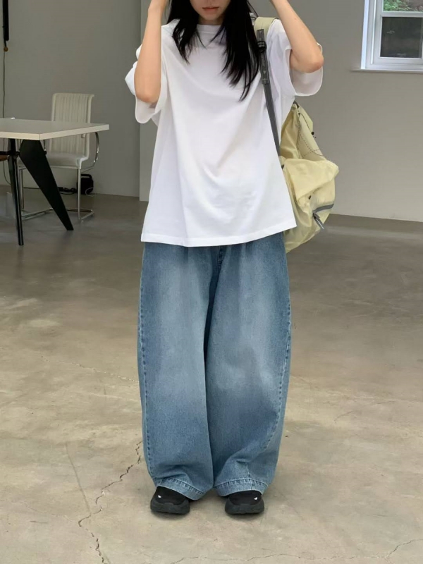韓 腰鬆緊刷白牛仔寬褲