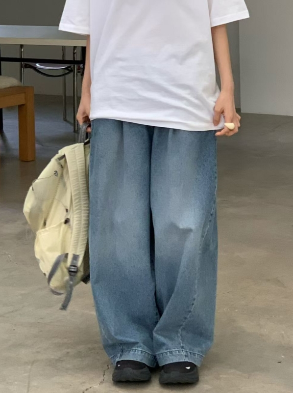 韓 腰鬆緊刷白牛仔寬褲