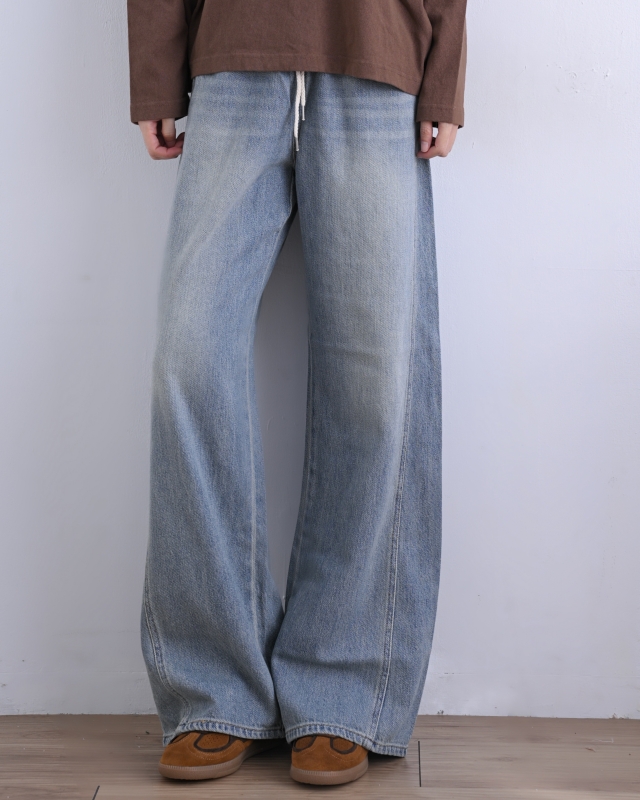 韓 綁帶刷白牛仔小寬褲