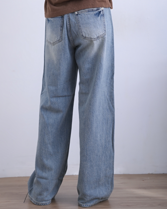 韓 綁帶刷白牛仔小寬褲