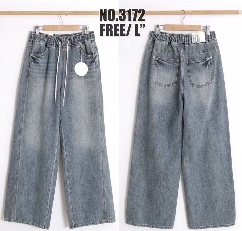 韓 綁帶刷白牛仔小寬褲