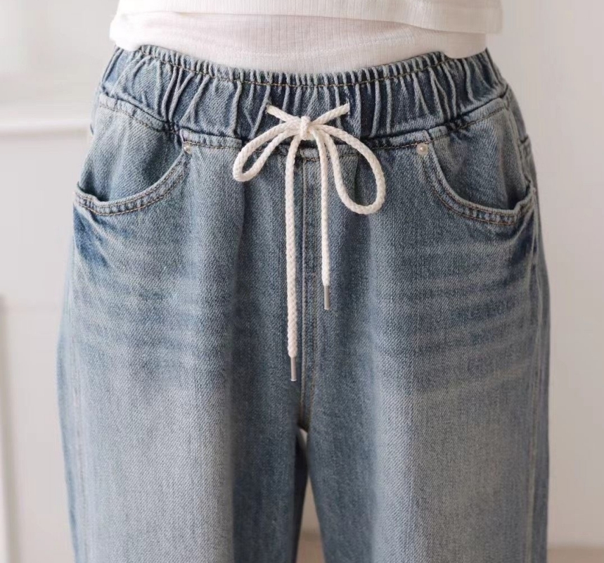 韓 綁帶刷白牛仔小寬褲