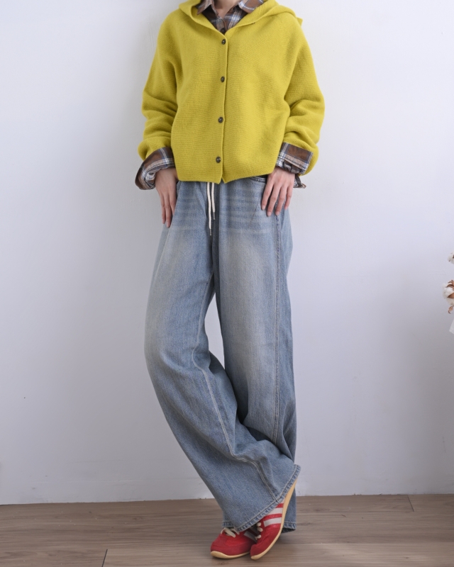 韓 綁帶刷白牛仔小寬褲