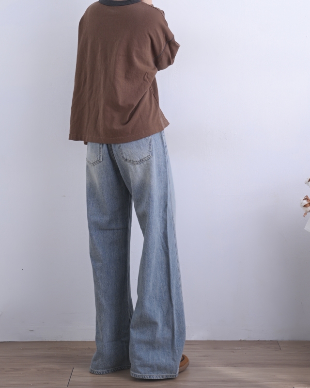 韓 綁帶刷白牛仔小寬褲