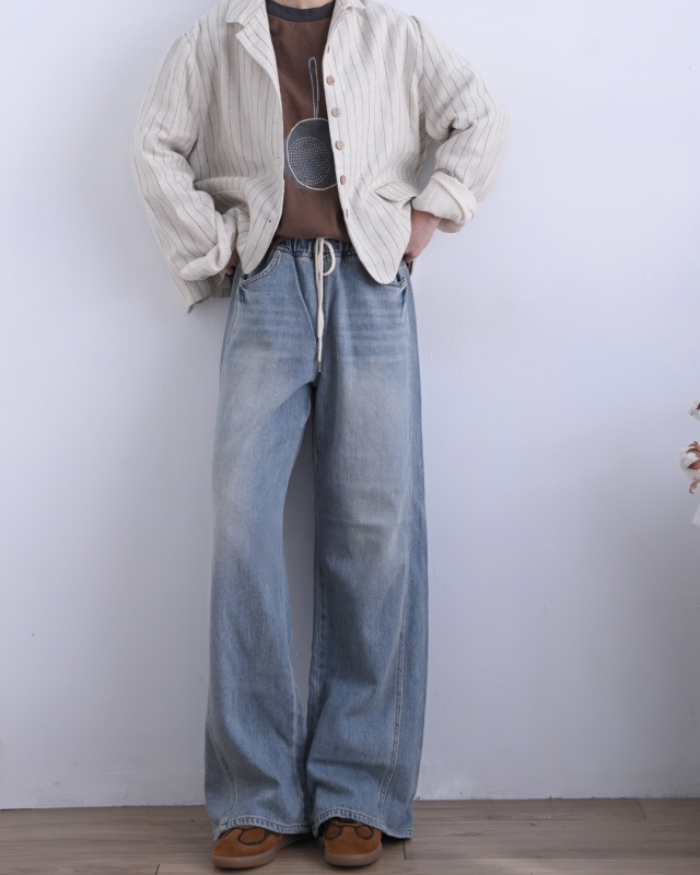 韓 綁帶刷白牛仔小寬褲