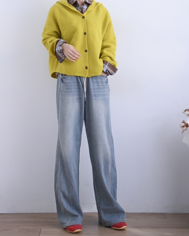 韓 綁帶刷白牛仔小寬褲