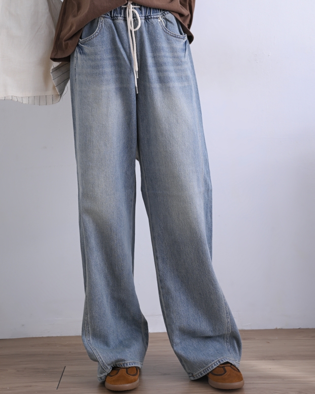 韓 綁帶刷白牛仔小寬褲