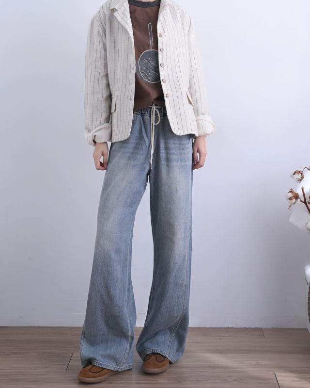 韓 綁帶刷白牛仔小寬褲