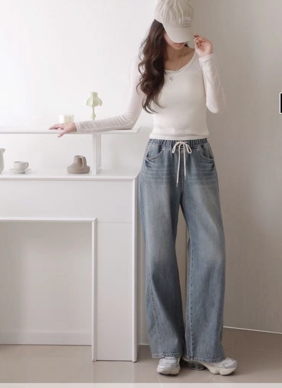 韓 綁帶刷白牛仔小寬褲