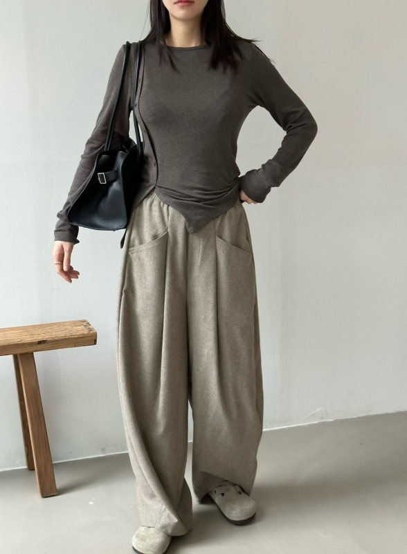 韓 前斜口袋車線寬褲 3色