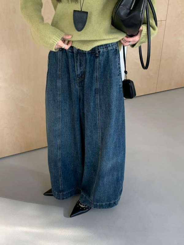 韓 車線牛仔寬褲 2色