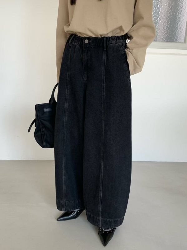 韓 車線牛仔寬褲 2色