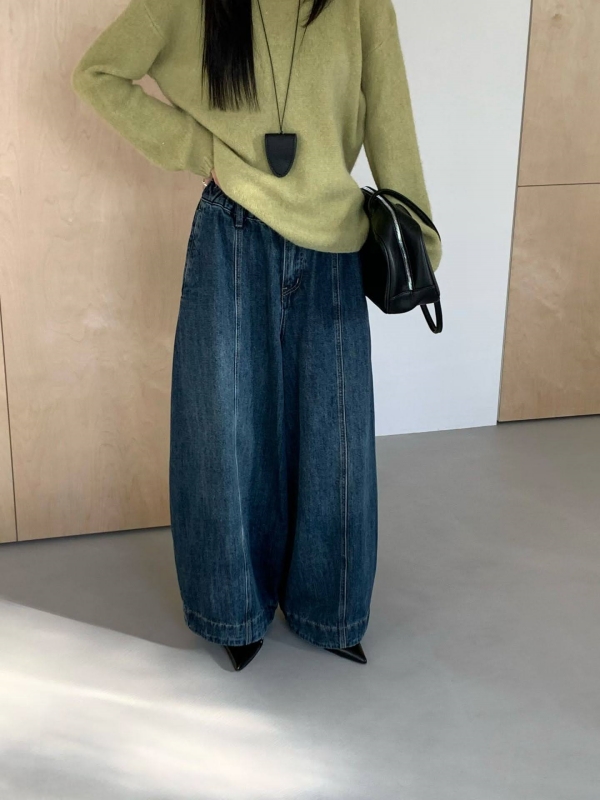 韓 車線牛仔寬褲 2色