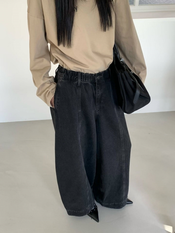 韓 車線牛仔寬褲 2色