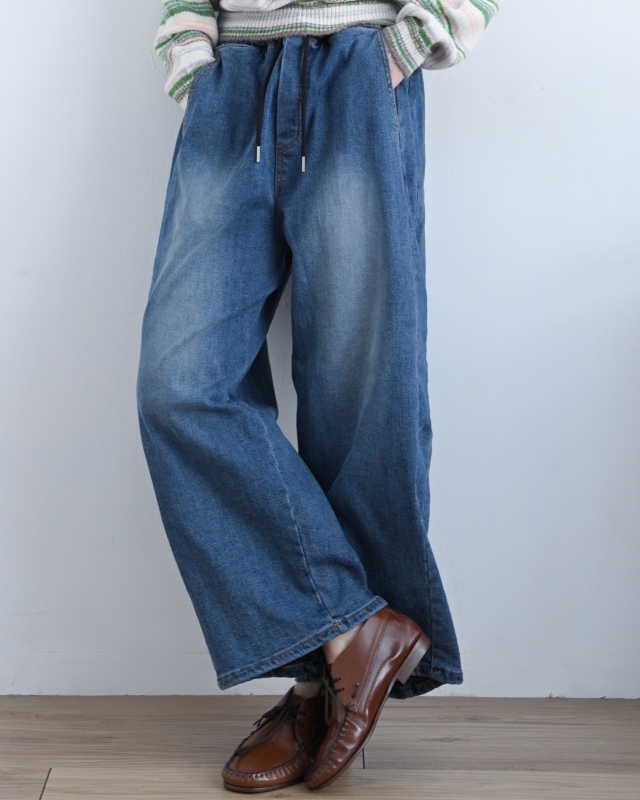 韓 綁帶刷色牛仔九分寬褲 size