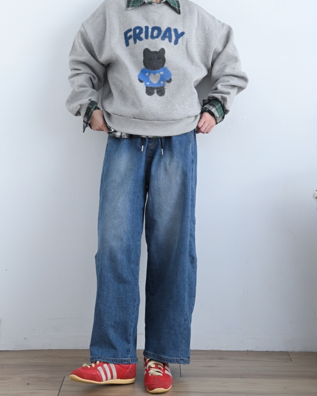 韓 綁帶刷色牛仔九分寬褲 size