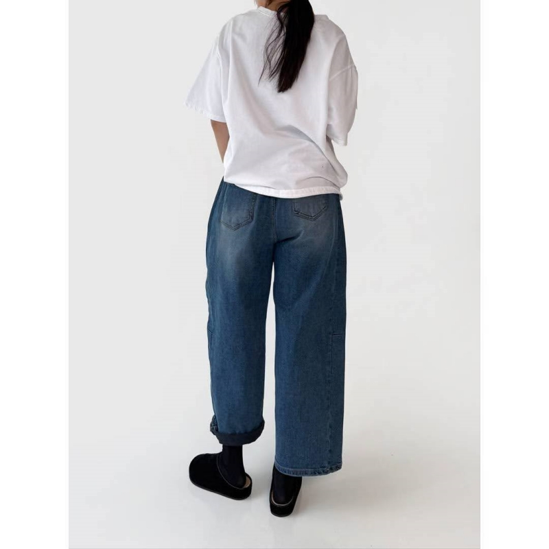 韓 綁帶刷色牛仔九分寬褲 size