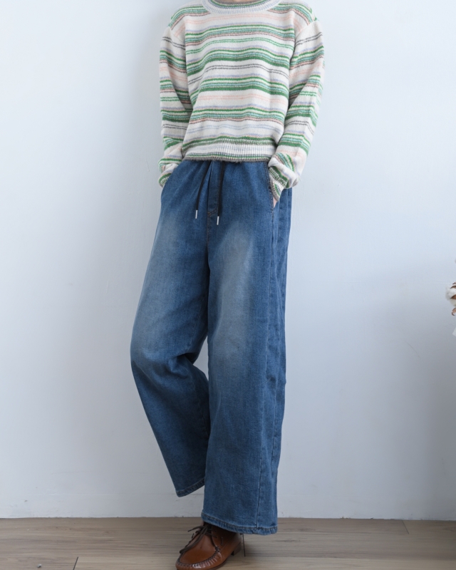 韓 綁帶刷色牛仔九分寬褲 size