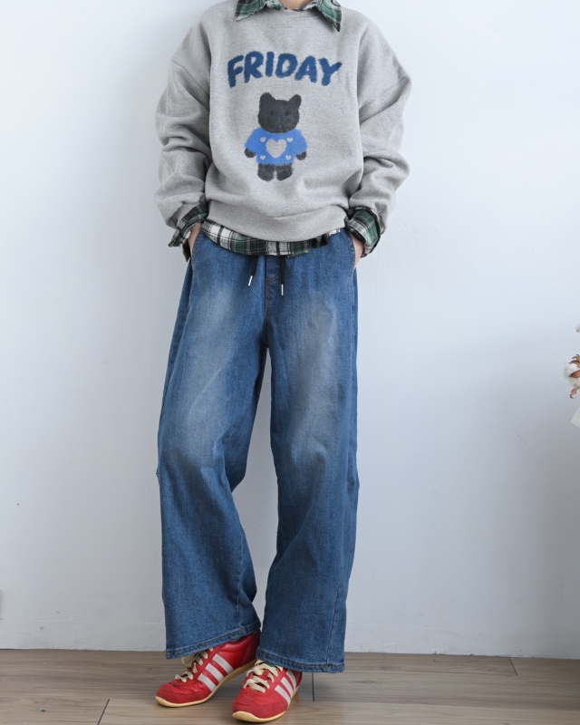 韓 綁帶刷色牛仔九分寬褲 size