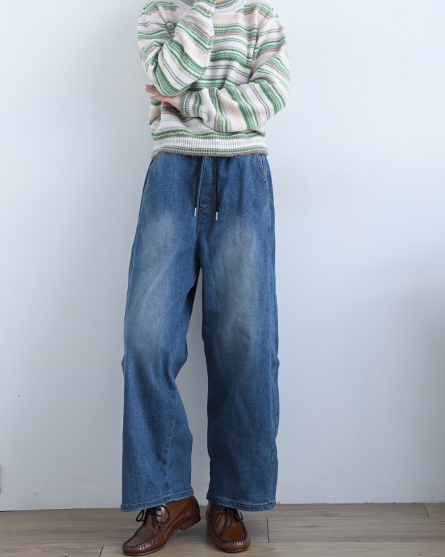 韓 綁帶刷色牛仔九分寬褲 size