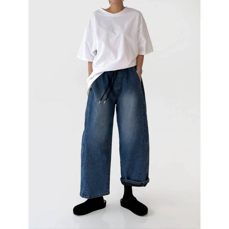 韓 綁帶刷色牛仔九分寬褲 size