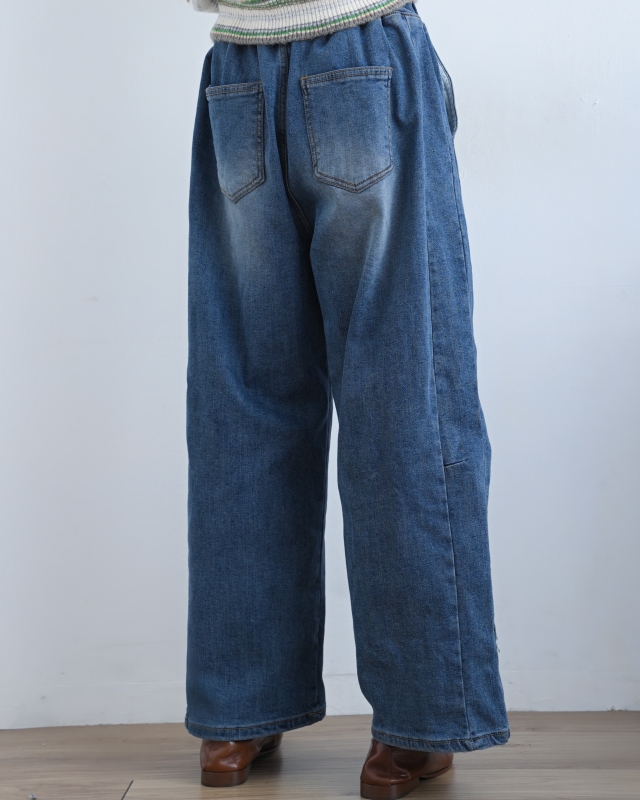 韓 綁帶刷色牛仔九分寬褲 size