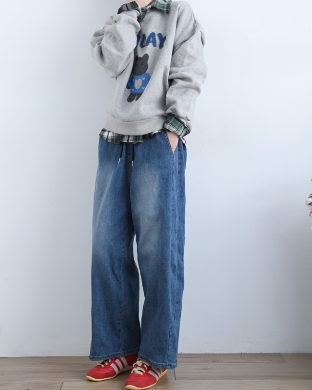 韓 綁帶刷色牛仔九分寬褲 size