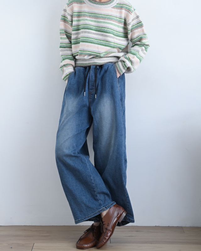 韓 綁帶刷色牛仔九分寬褲 size