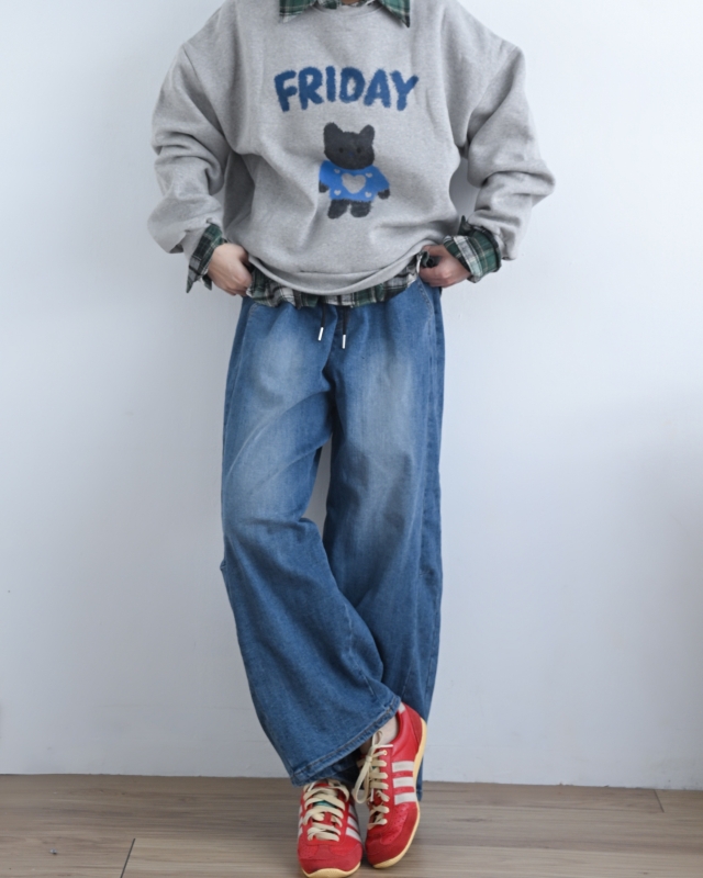 韓 綁帶刷色牛仔九分寬褲 size