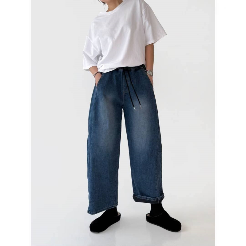 韓 綁帶刷色牛仔九分寬褲 size