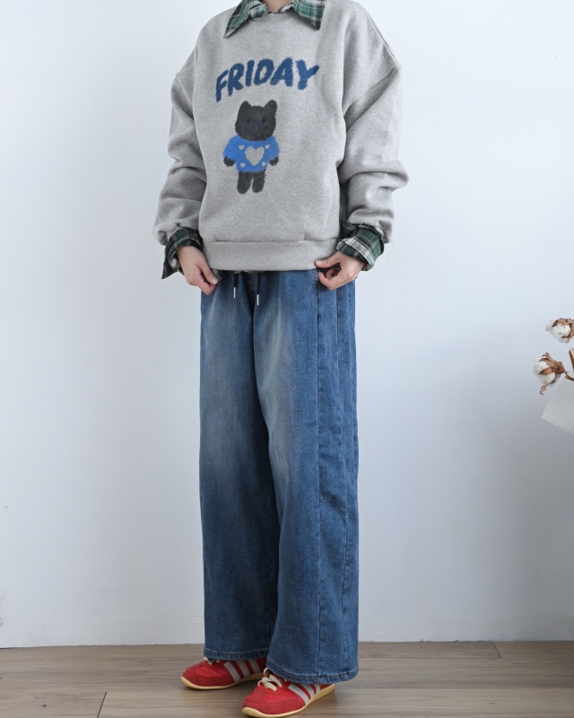 韓 綁帶刷色牛仔九分寬褲 size