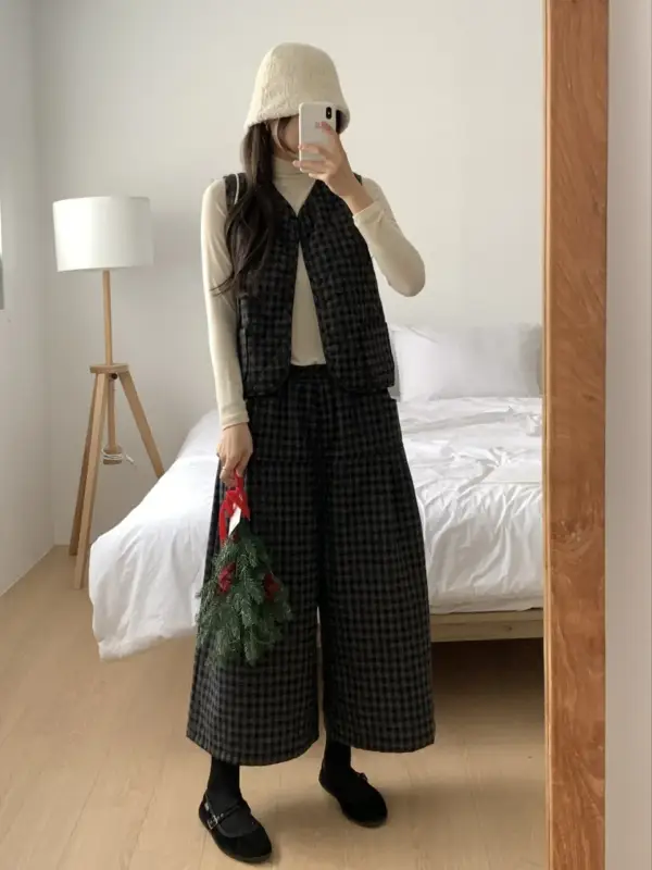 韓 小標格文寬褲裙 3色 size