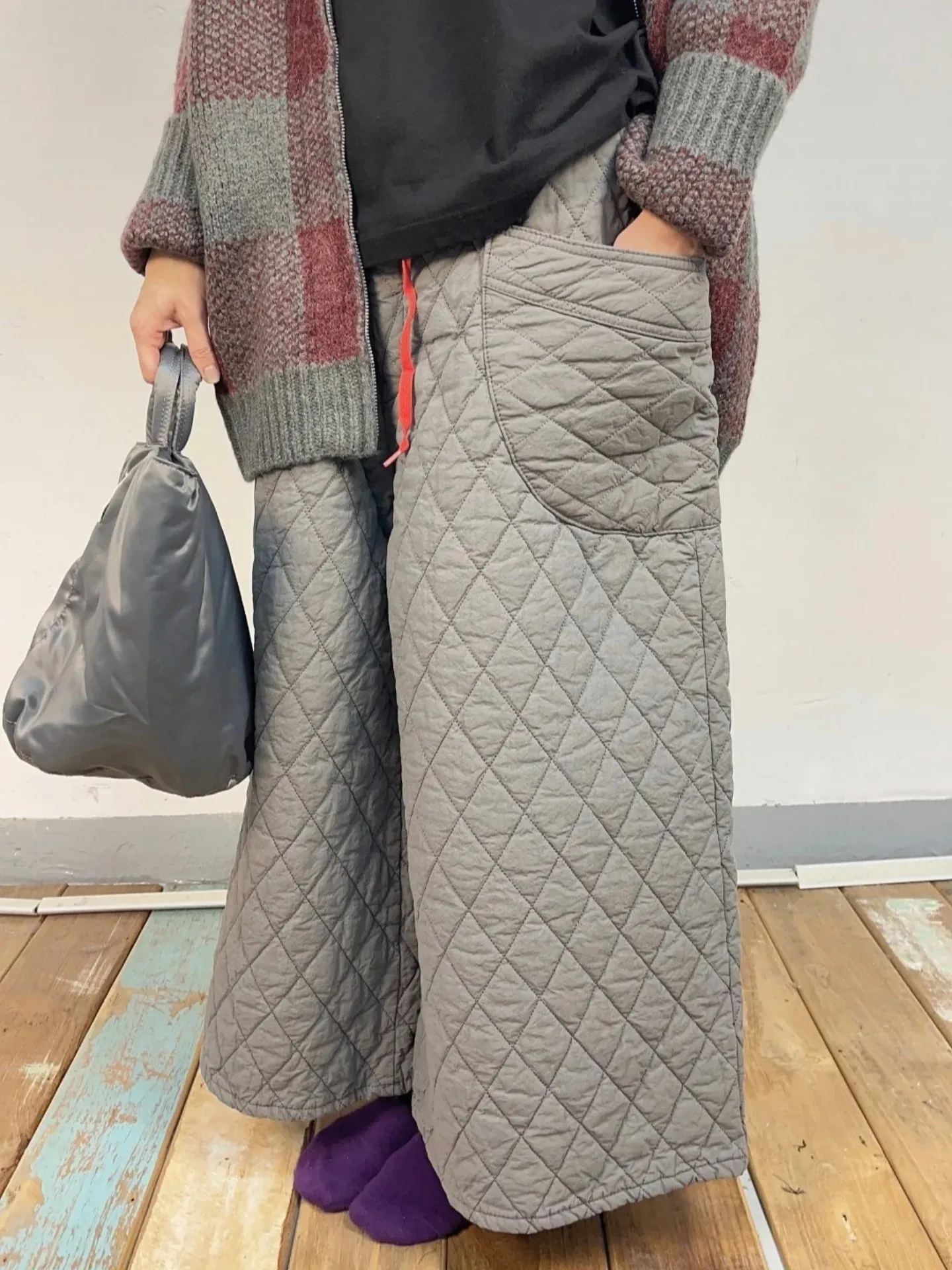 韓 壓紋綁帶寬褲 3色