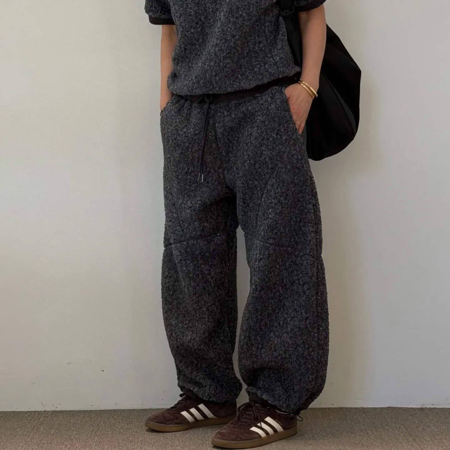 韓 下抽繩小短毛休閒褲 3色