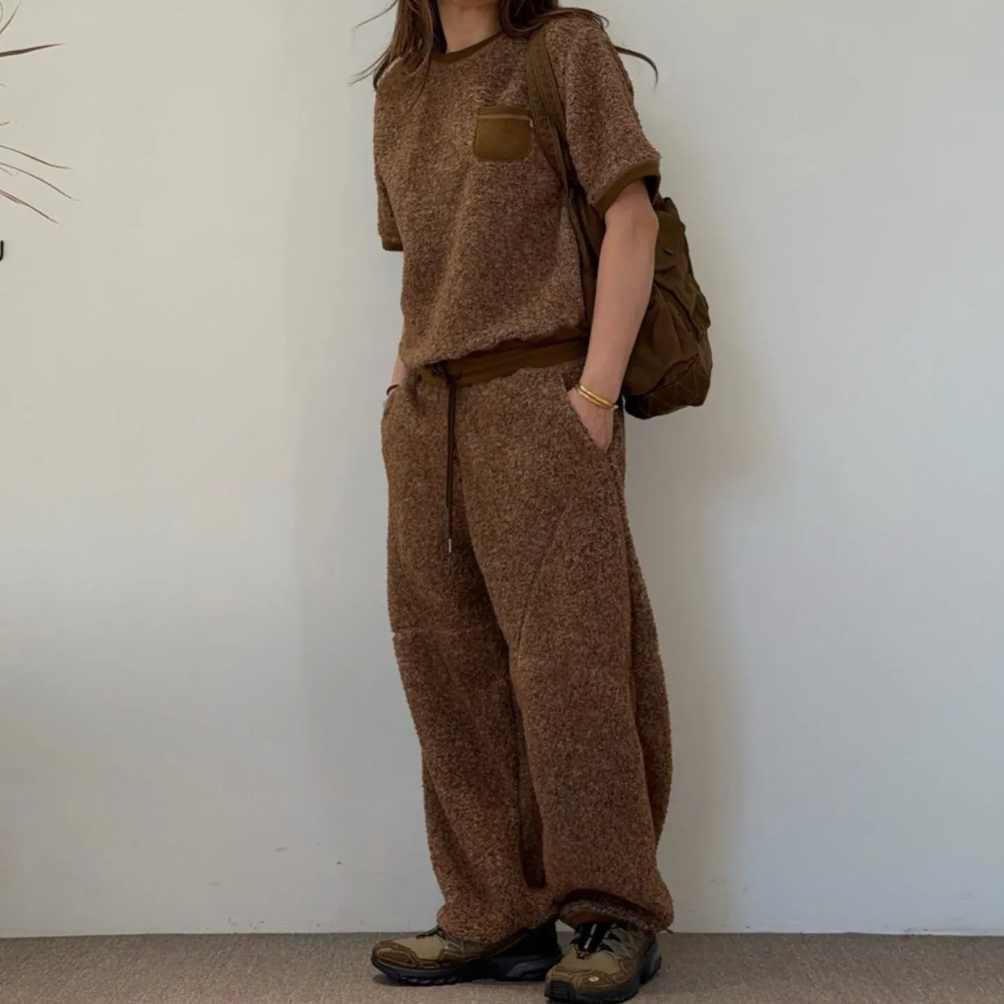 韓 下抽繩小短毛休閒褲 3色