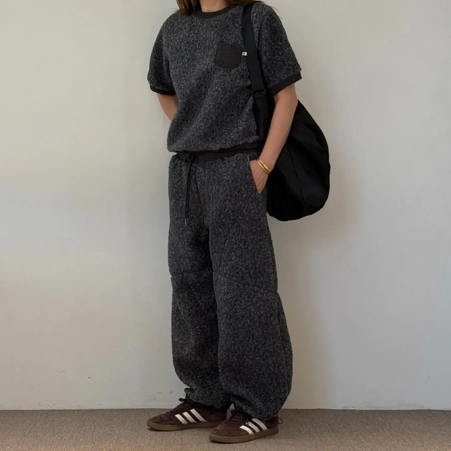 韓 下抽繩小短毛休閒褲 3色