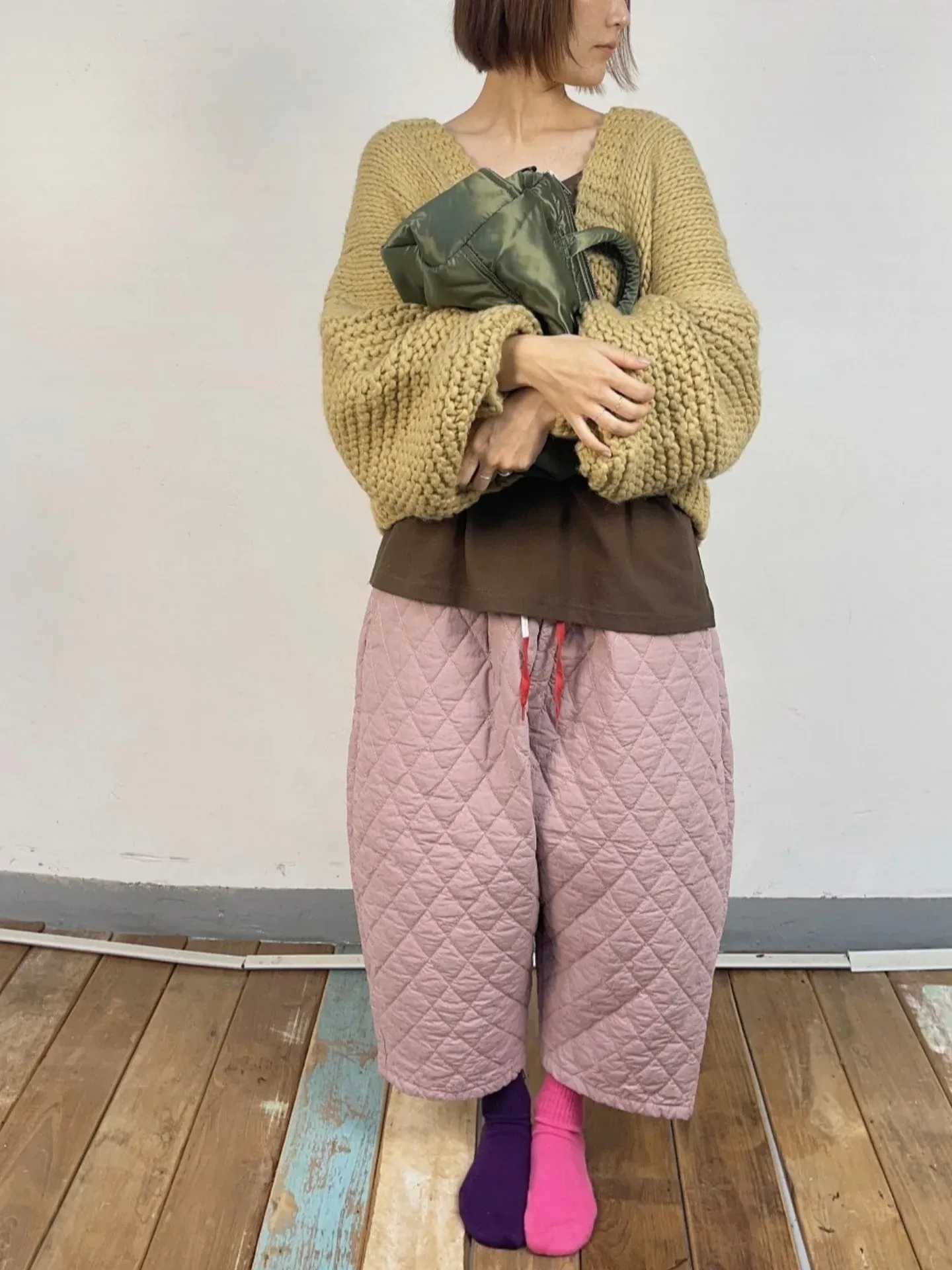 韓  紅綁帶壓紋寬褲 3色