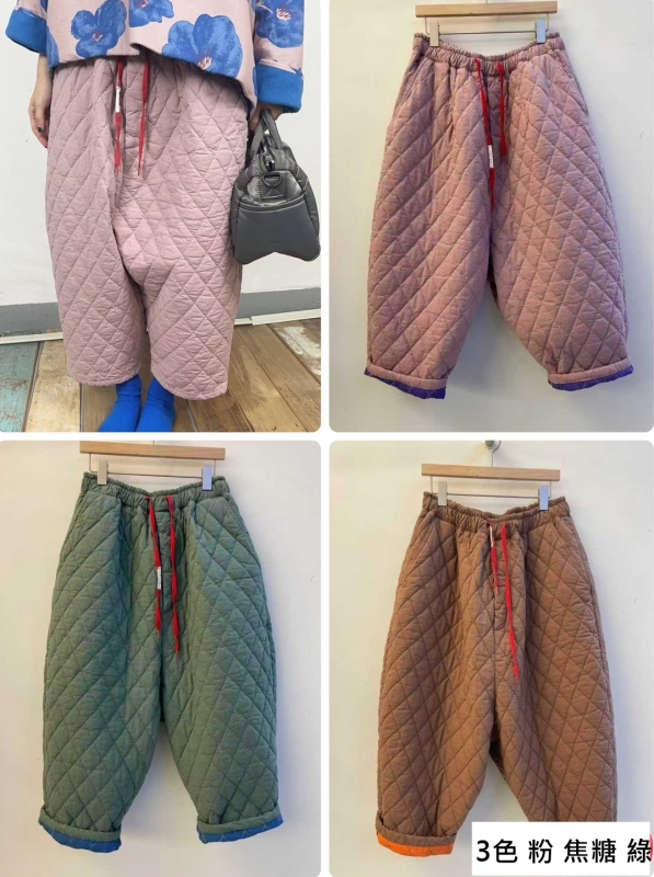 韓  紅綁帶壓紋寬褲 3色