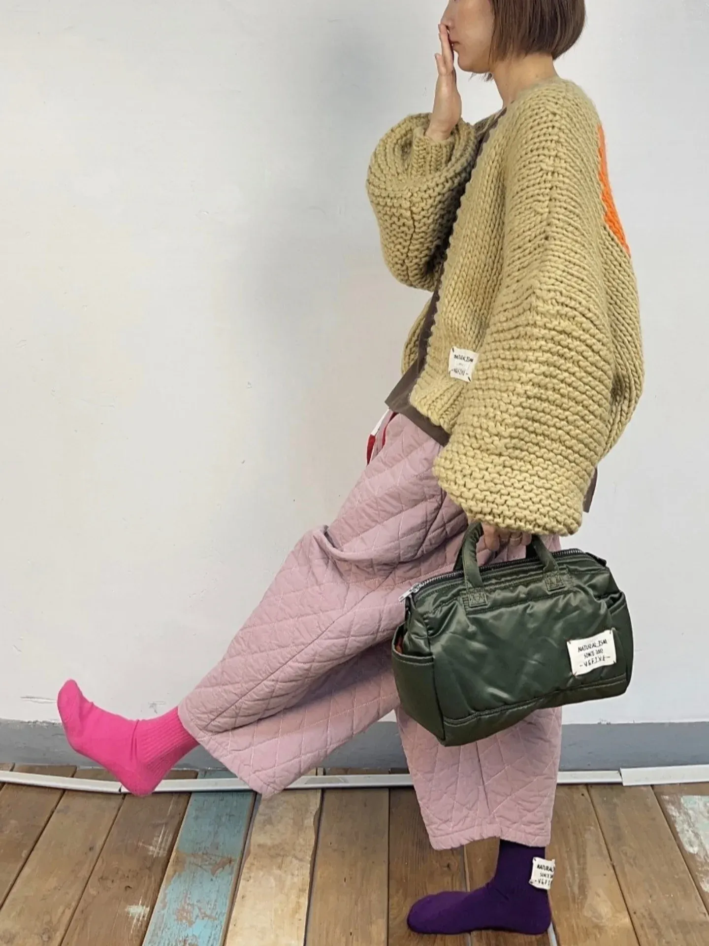 韓  紅綁帶壓紋寬褲 3色