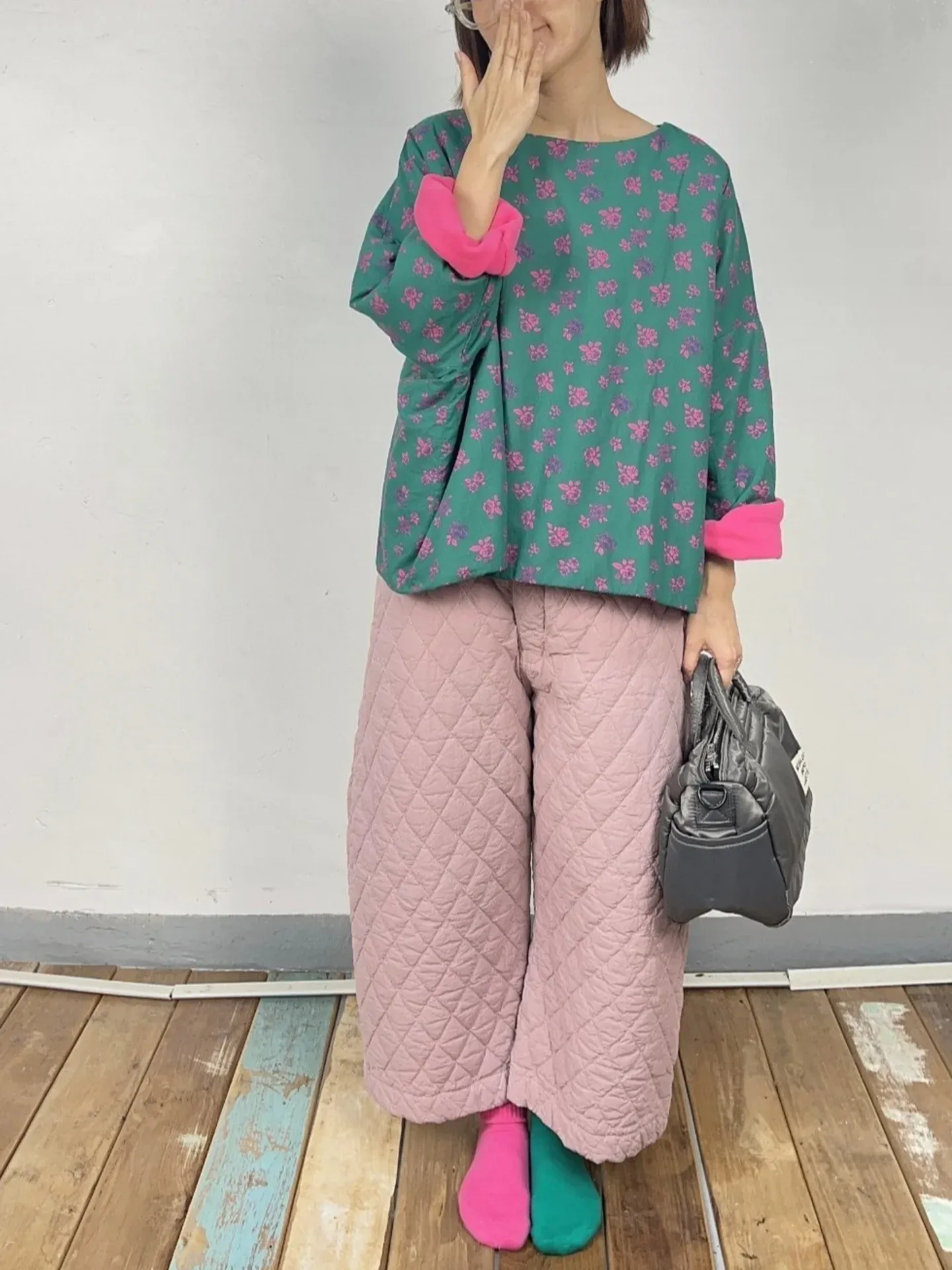 韓 壓紋腰鬆緊寬褲 3色