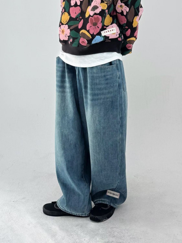 韓 褲管小標牛仔刷色寬褲