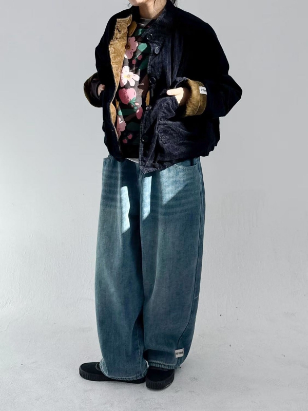 韓 褲管小標牛仔刷色寬褲