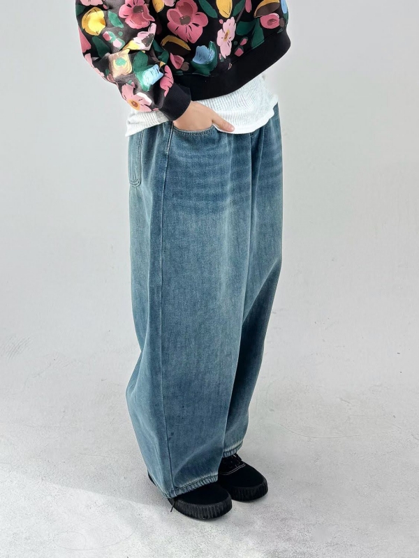 韓 褲管小標牛仔刷色寬褲