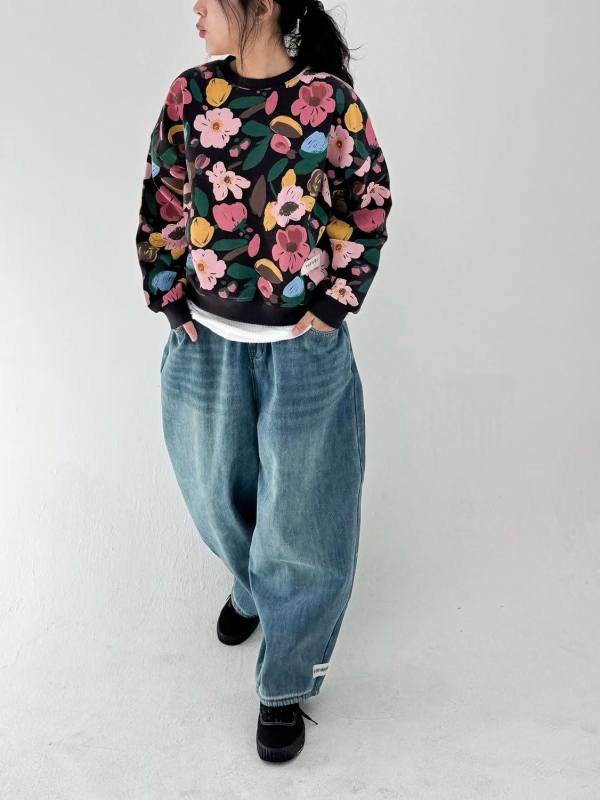 韓 褲管小標牛仔刷色寬褲