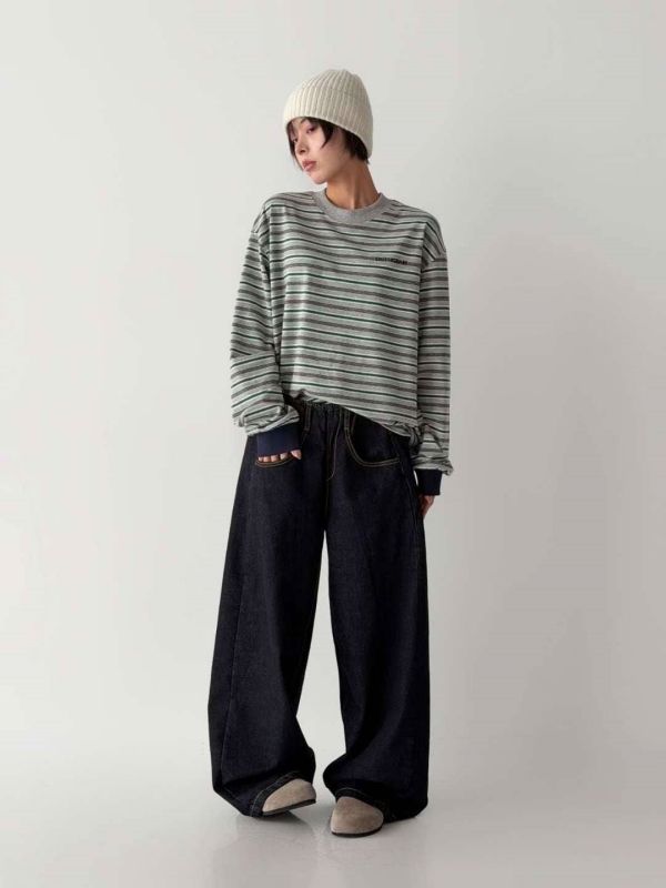 韓 前車線深牛仔大寬褲