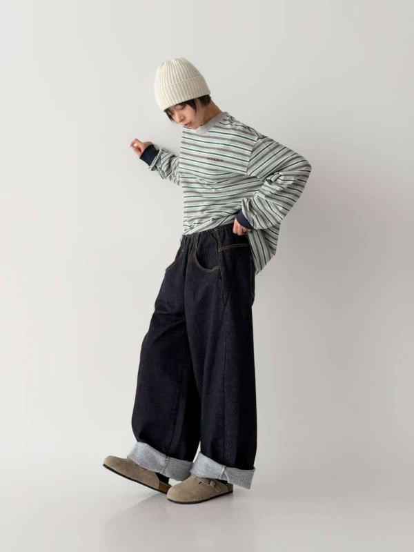 韓 前車線深牛仔大寬褲