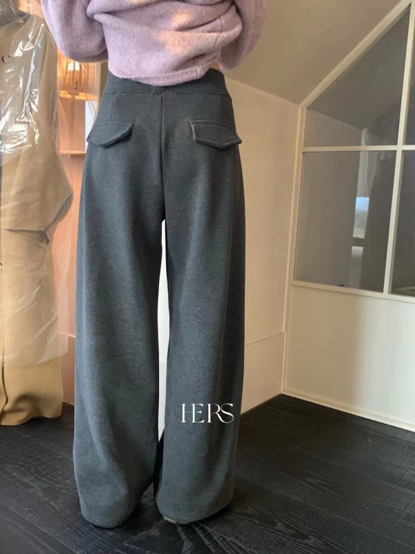 韓 腰鬆緊直口袋寬褲 3色